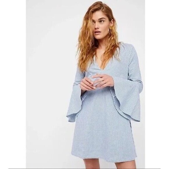 New‎ Free People Gingham Bell Sleeve Dress Size Small - Picture 1 of 8